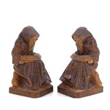 Wooden bookends monks reading, 80s
