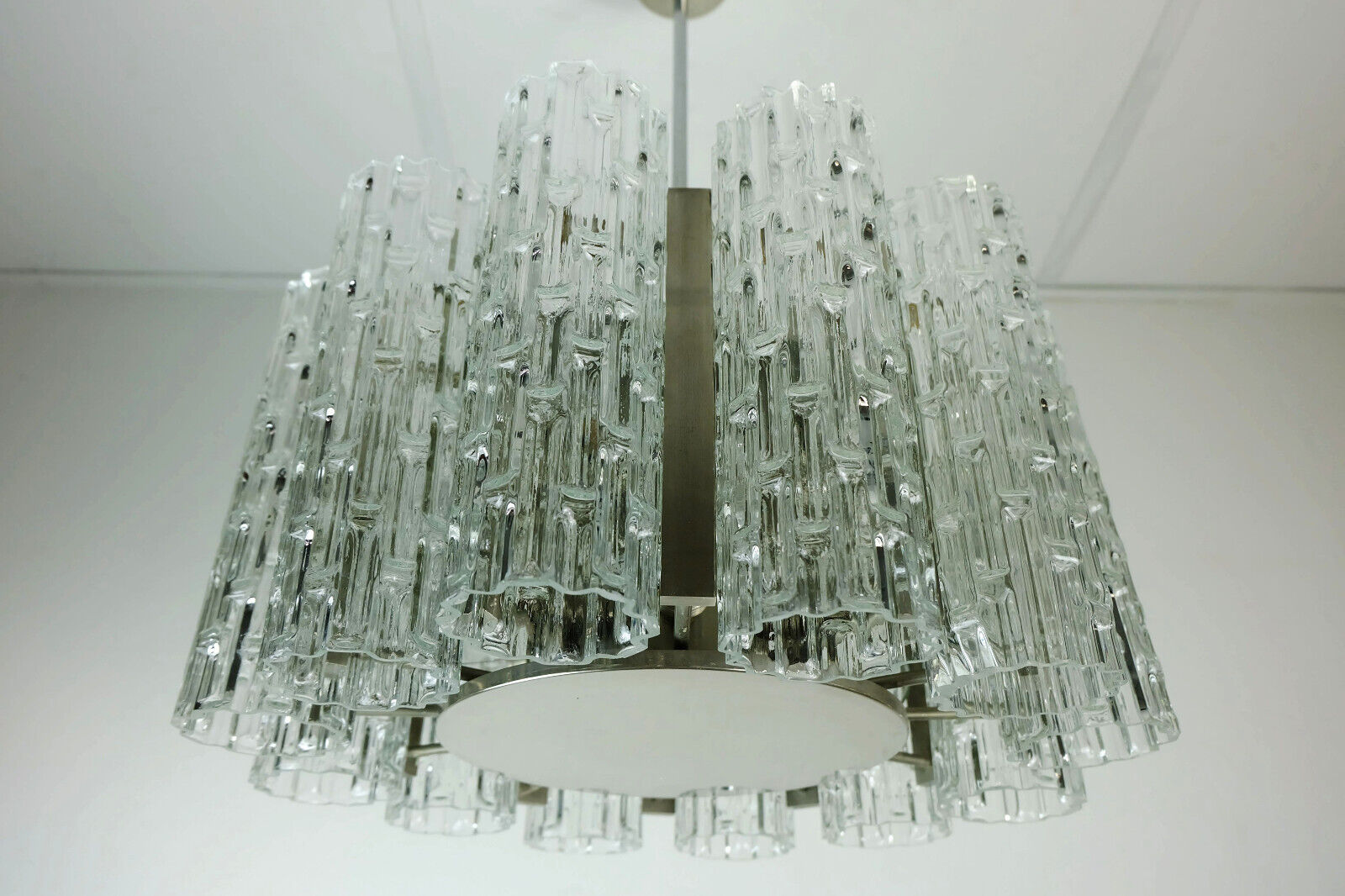 1960s kaiser mid century CHANDELIER chrome hanging light with 12 glass tubes
