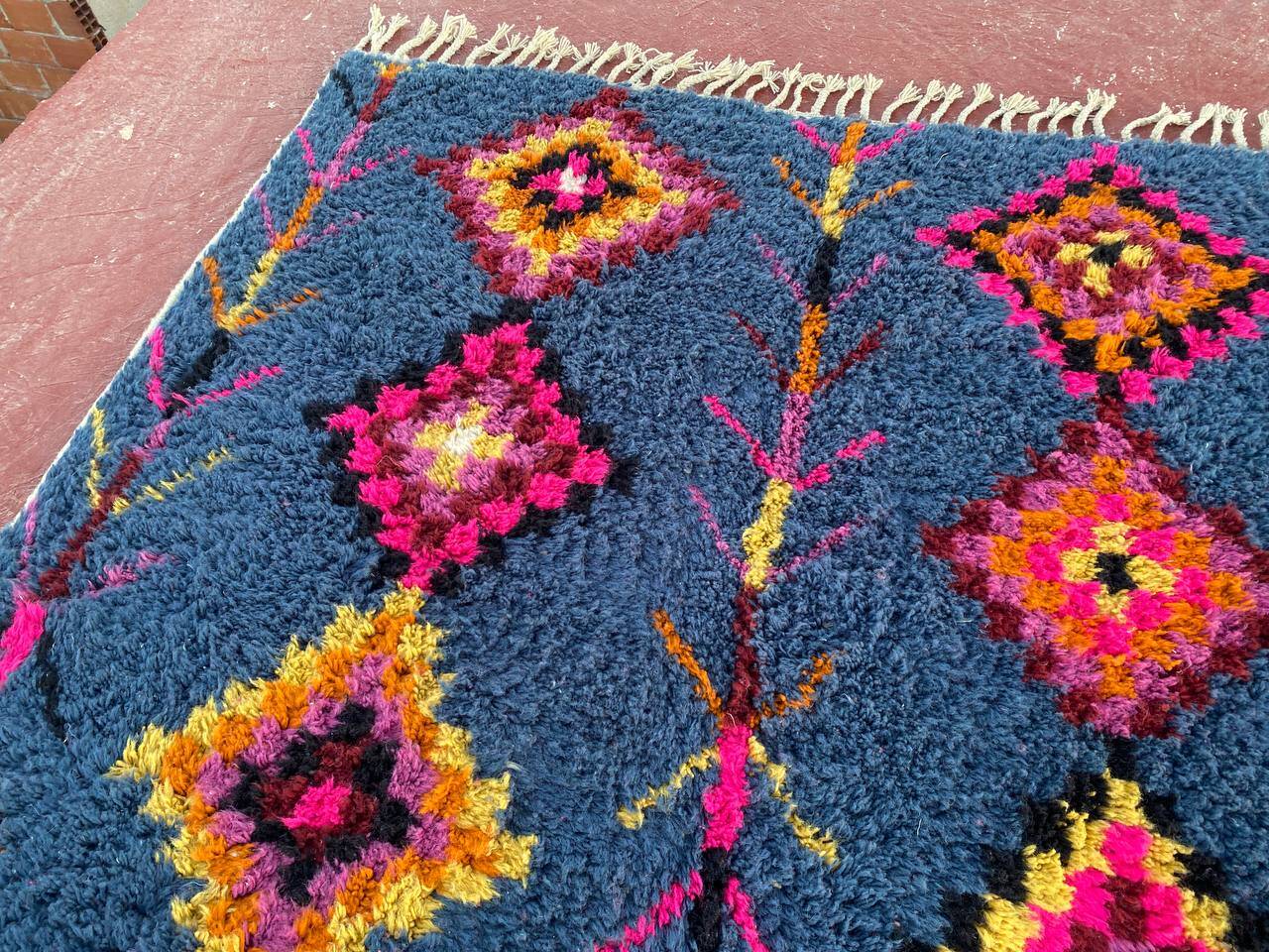 Berber rug 3x2M Thick wool deep blue & multicoloured Berber patterns