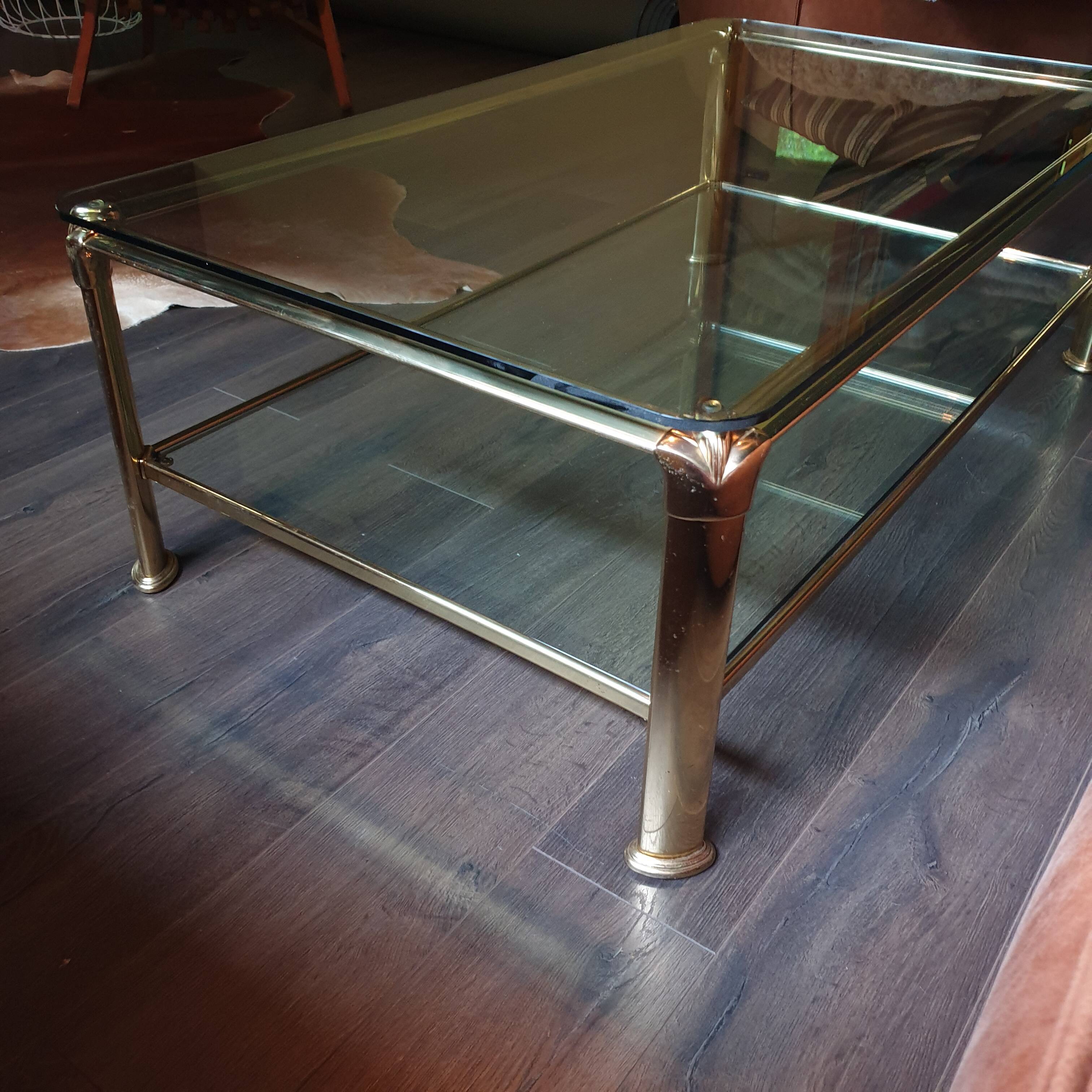 Vintage brass and glass coffee table, Italian, 70s Hollywood Regency style