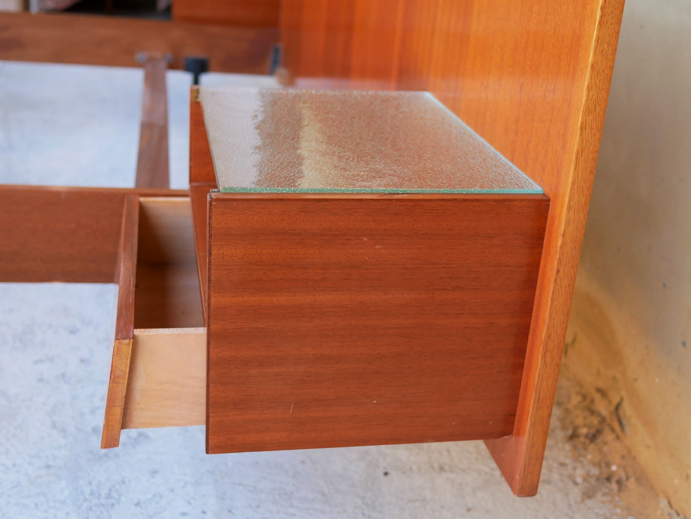 With suspended nightstands vintage teak bed