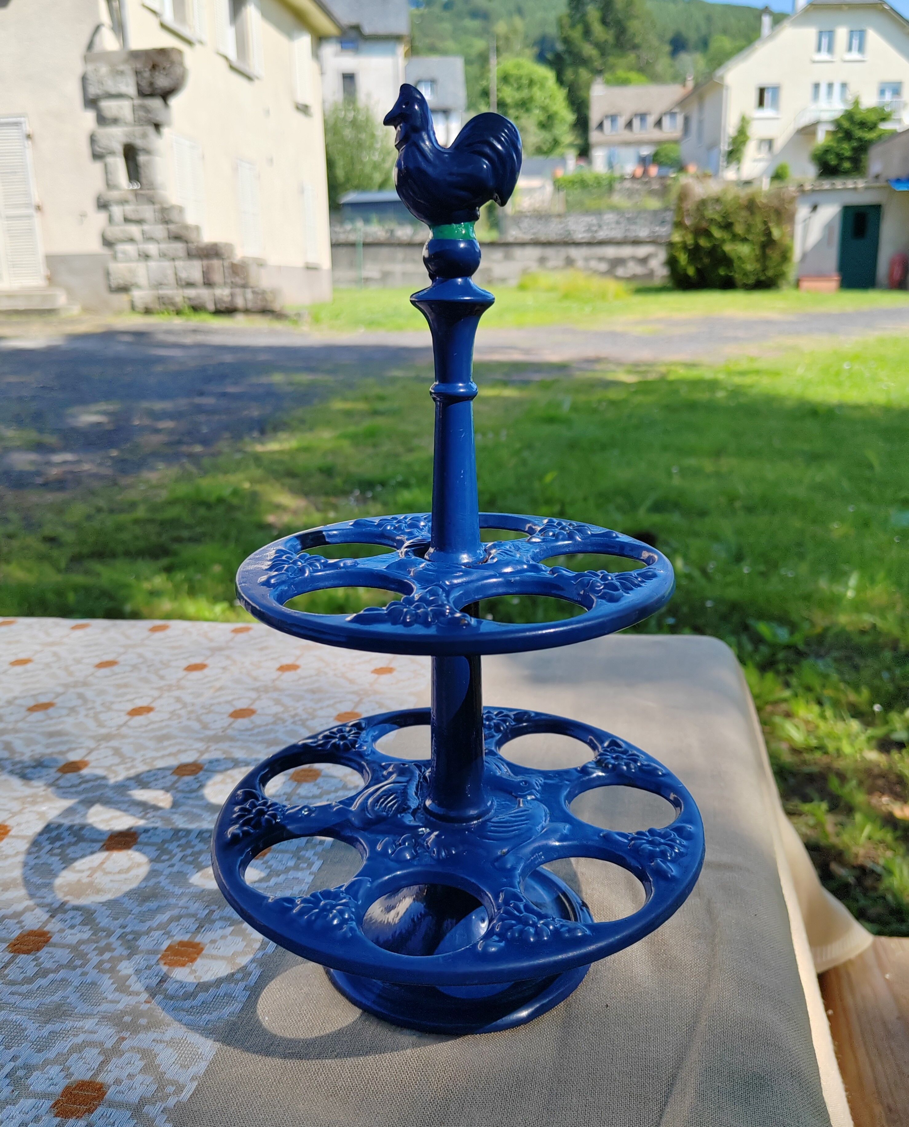 Blue enamelled cast iron egg holder 60s/70s