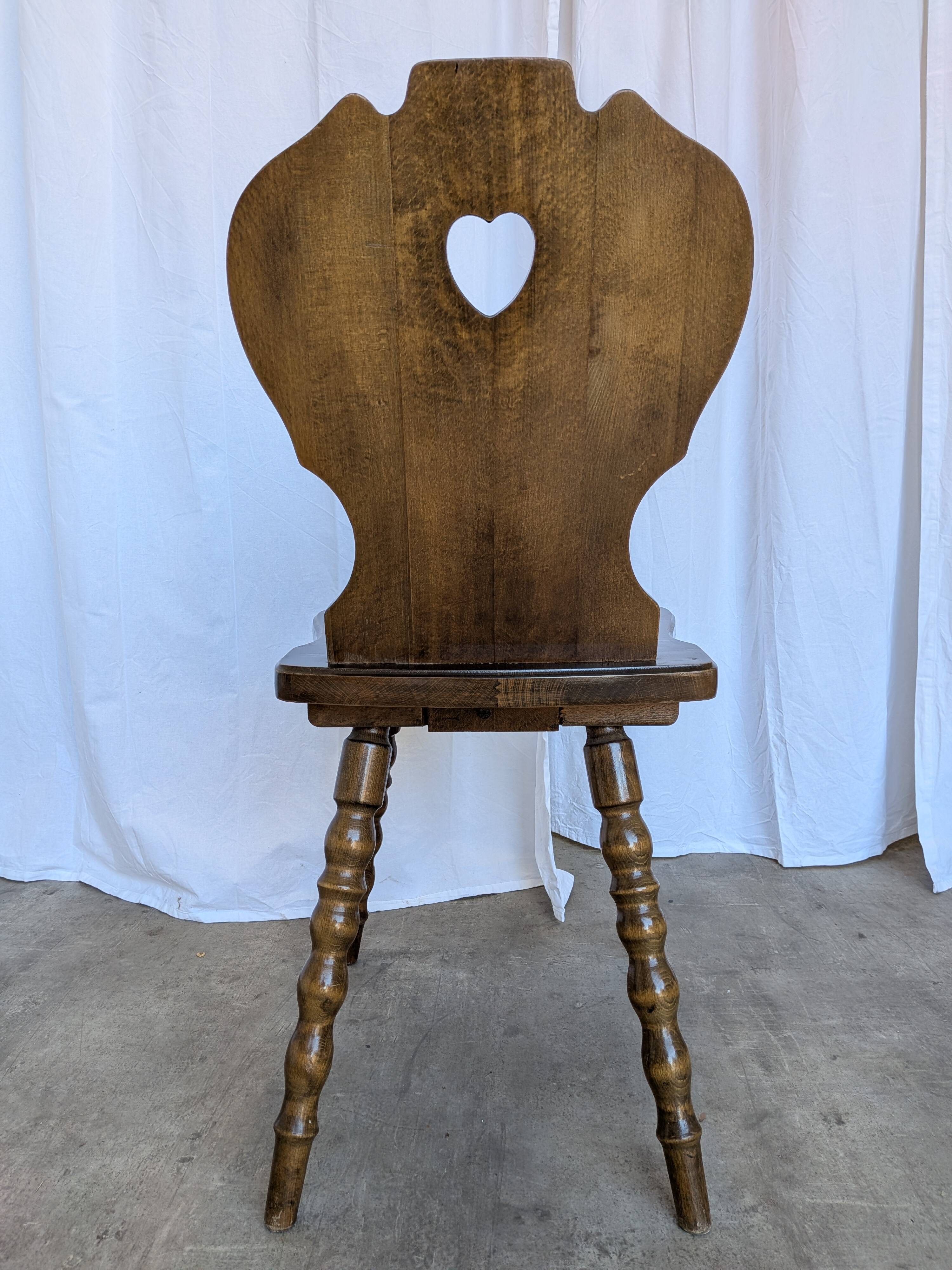 Vintage Tyrolean Heart Cutout Wooden Dining Chair / Bobbin-turned Legs