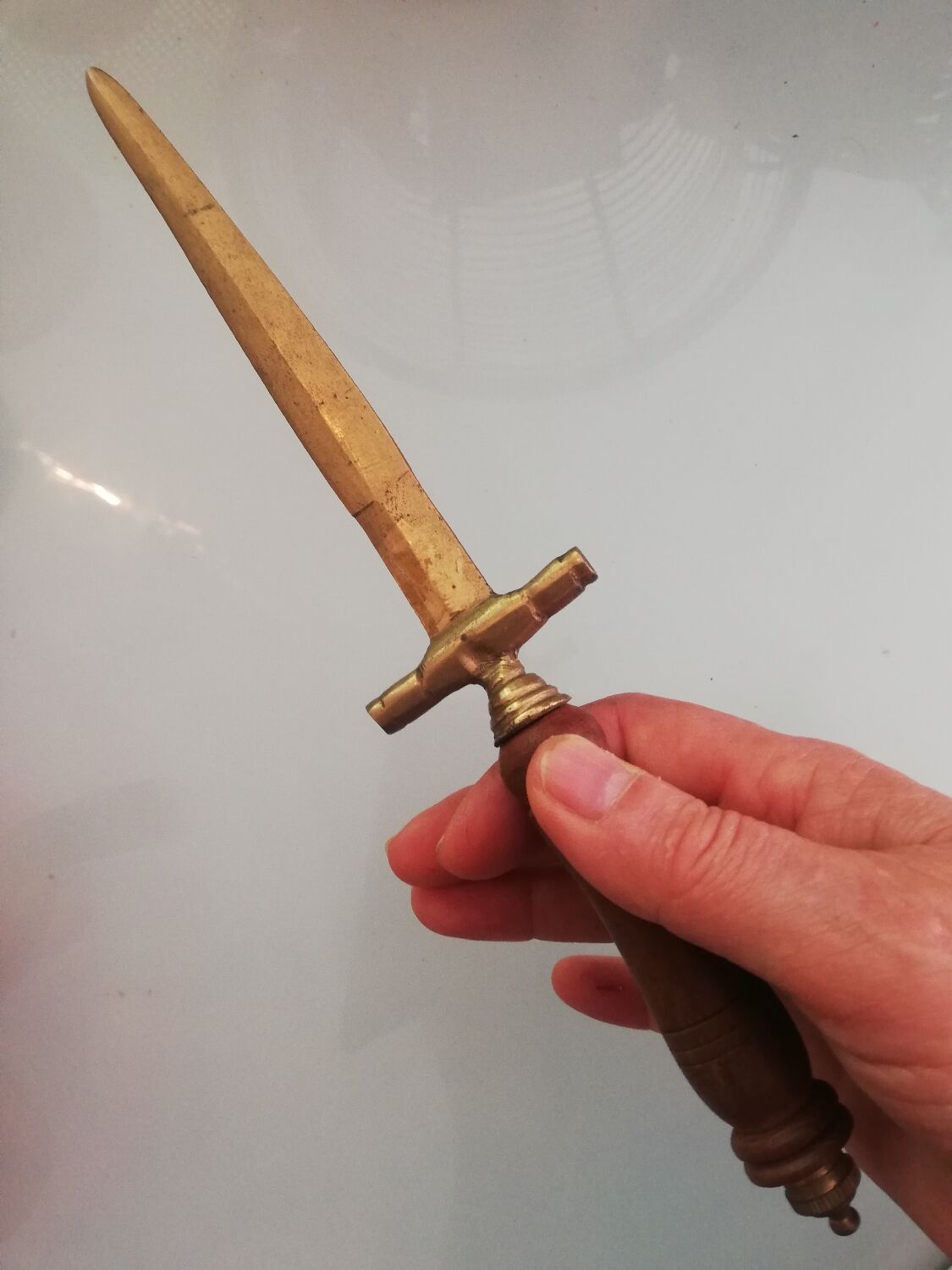 Sword-shaped letter opener paper cutter with turned wooden handle