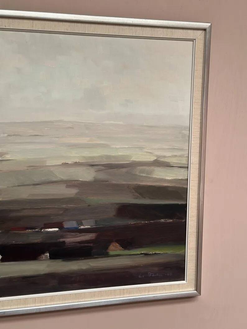 Oil on panel original Swedish - "House in a flat landscape" by Evert Färhm - Dated 1968 - vintage and framed - 81 × 68 cm (31.9" × 26.8")