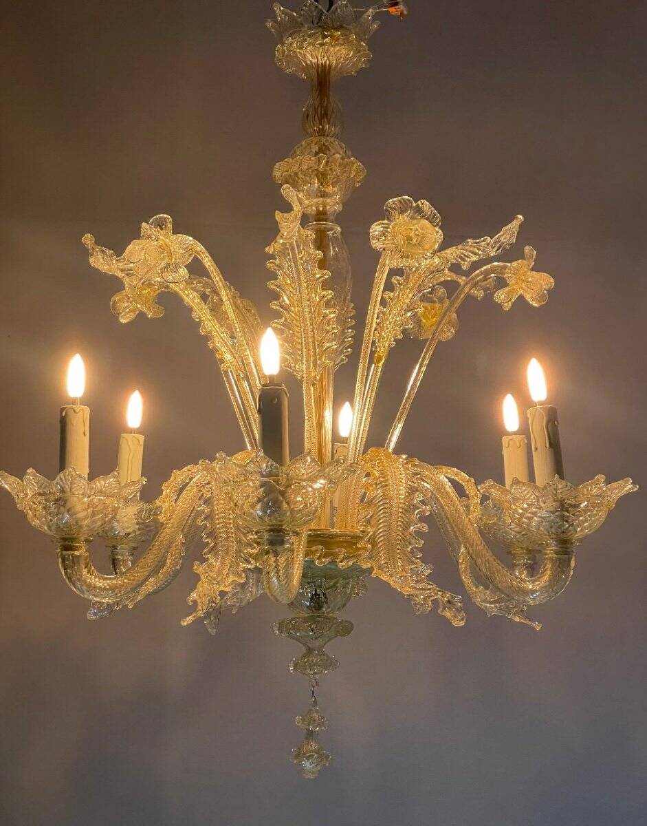 Venetian chandelier in gilded Murano glass, 6 light arms circa 1940