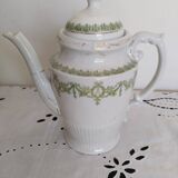 English porcelain coffee maker, green and gold, antique, vintage