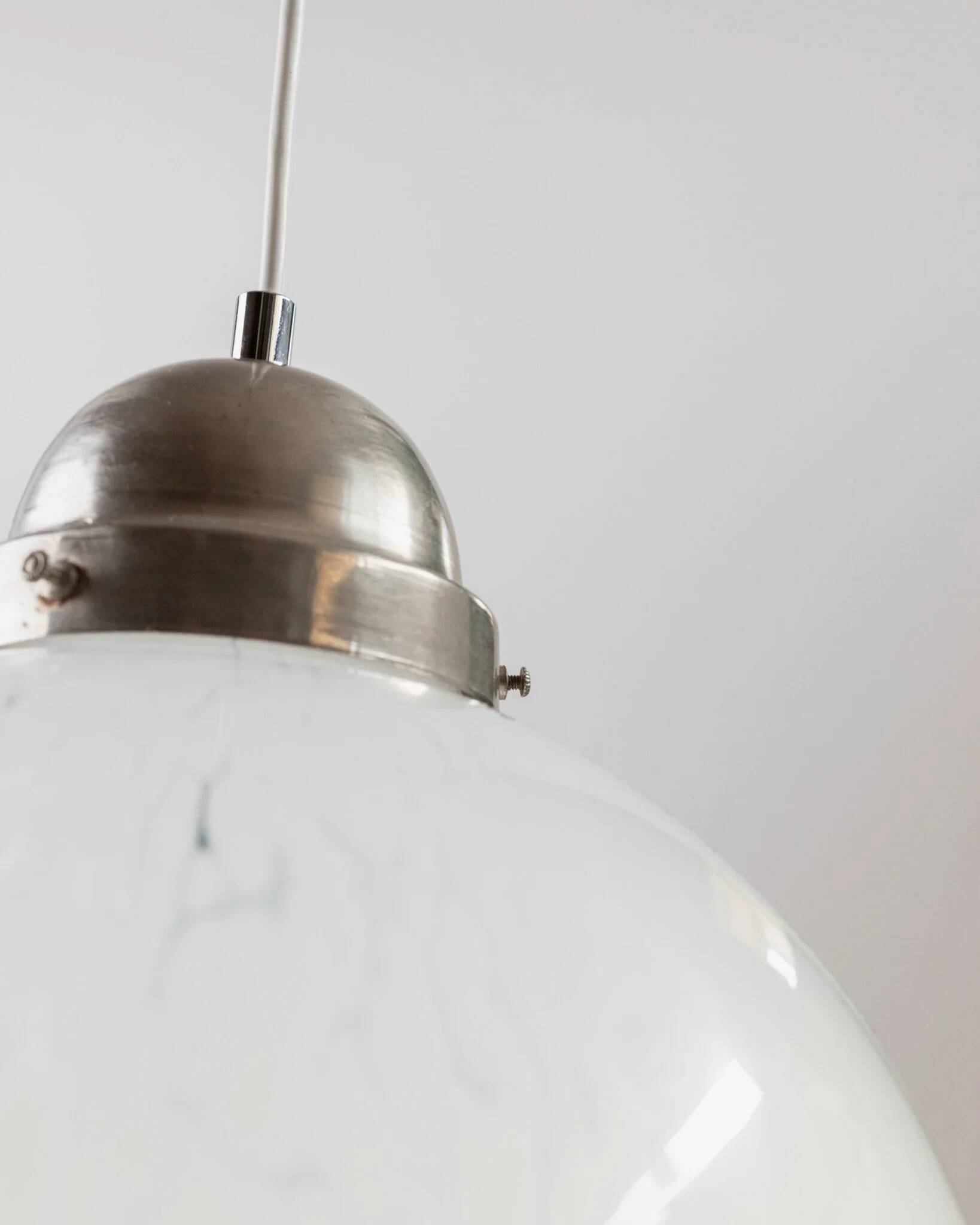 White Murano Glass Globe Pendant Lamp with Chrome Top – 1960s Space-Age, XL Mid-Century Ceiling Light