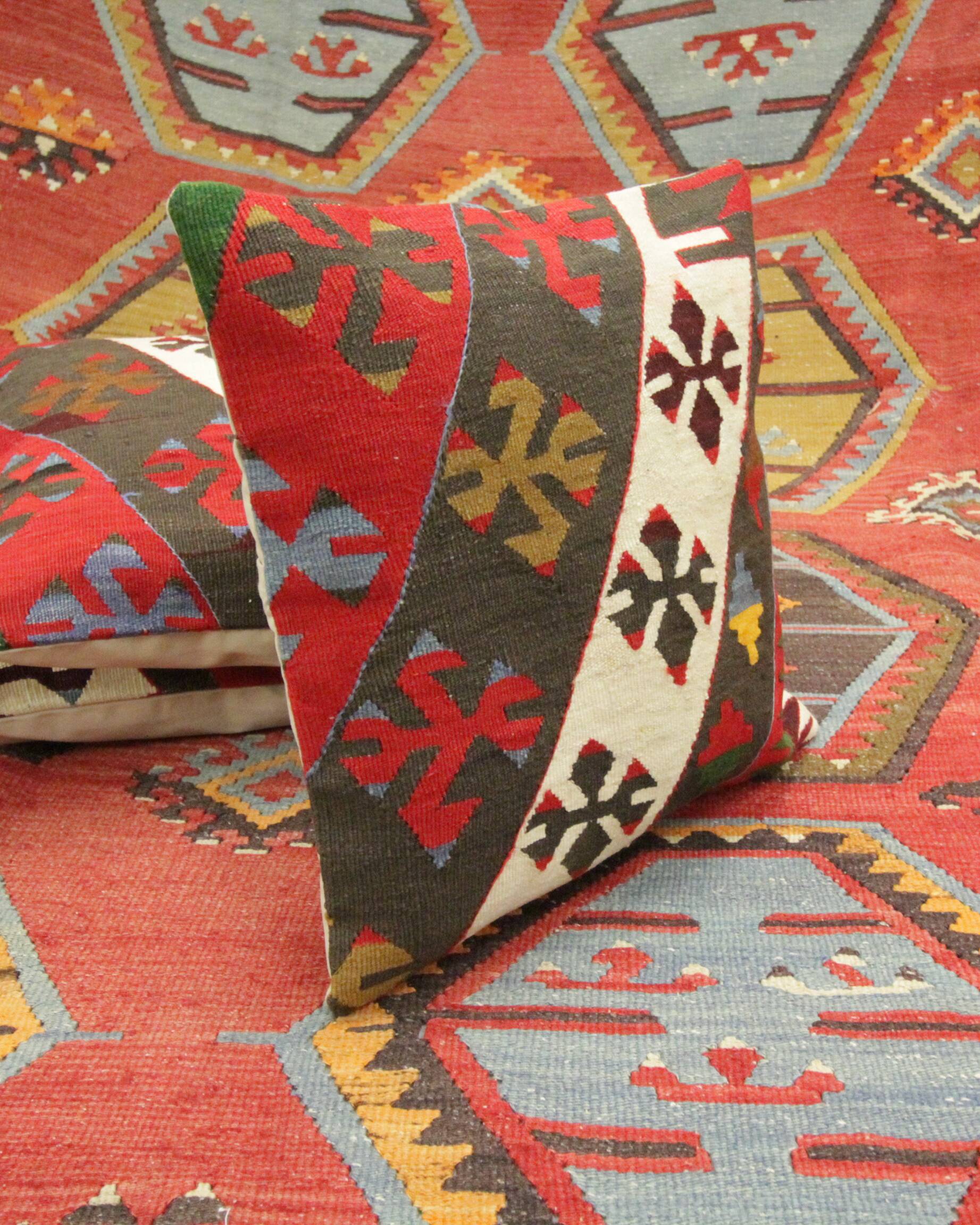 A Pair of Antique Turkish Flatwoven Kilim Cushion Cover, Geometric Pillow