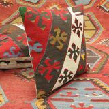 A Pair of Antique Turkish Flatwoven Kilim Cushion Cover, Geometric Pillow