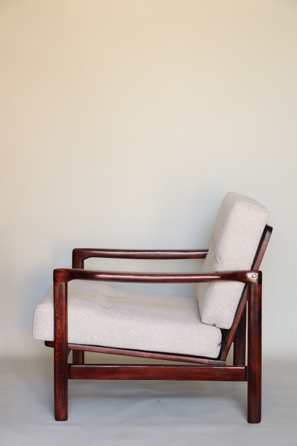 Wood armchair oryginal design by Z. Baczyk 7522 beige colour fabrics palisander wood