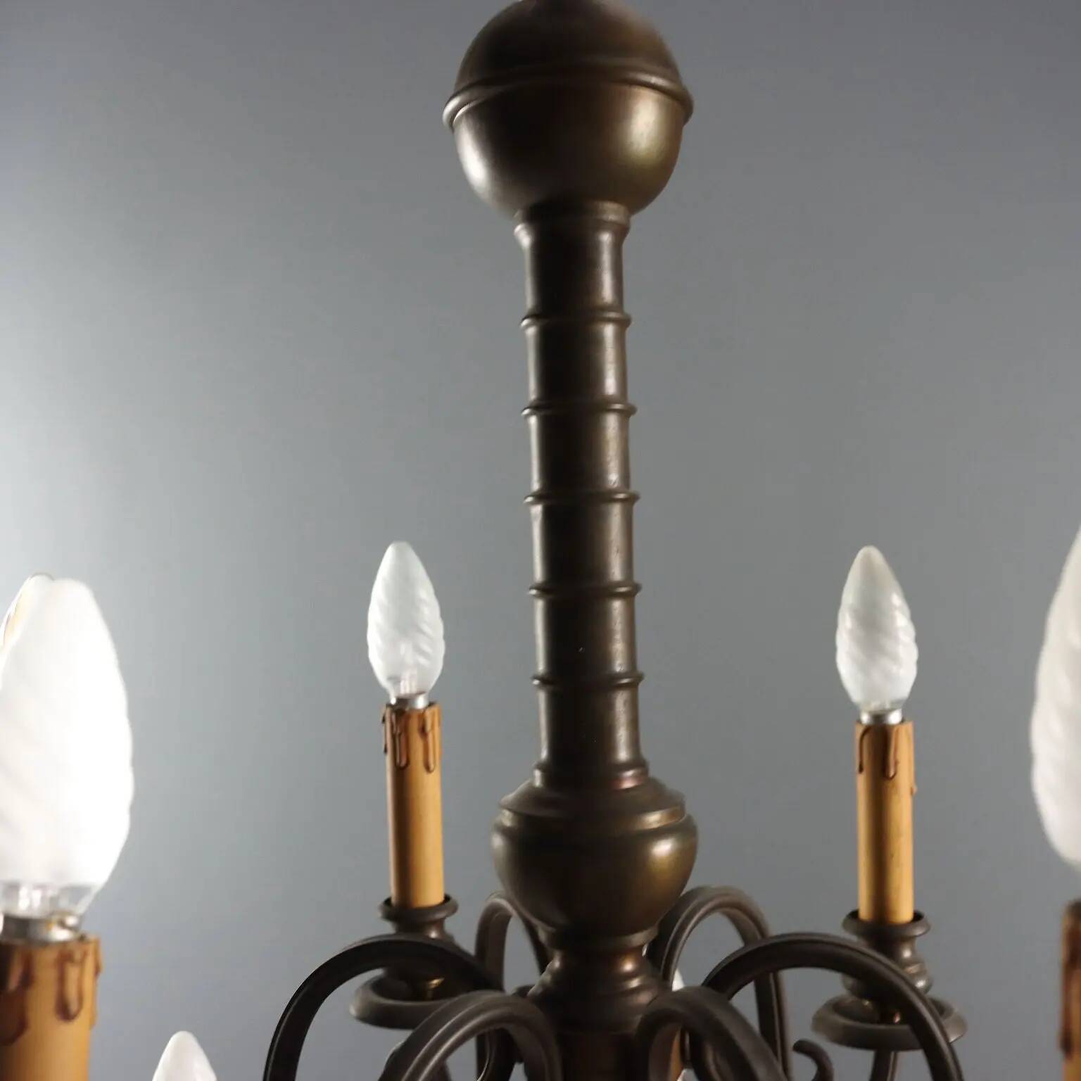 Antique bronze and glass chandelier with 12 lights, Netherlands, 20th century.