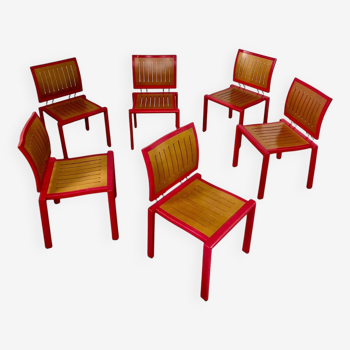Lot 6 anciennes chaises design Dieticker Bruno Rey bois fuchsia vintage années 70