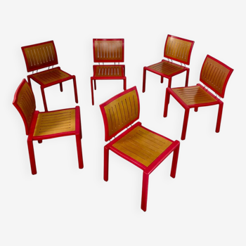 Lot 6 old Dieticker Bruno Rey design chairs in fuchsia wood, vintage 70s