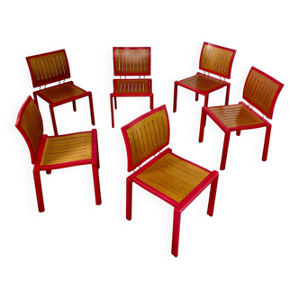 Lot 6 old Dieticker Bruno Rey design chairs in fuchsia wood, vintage 70s