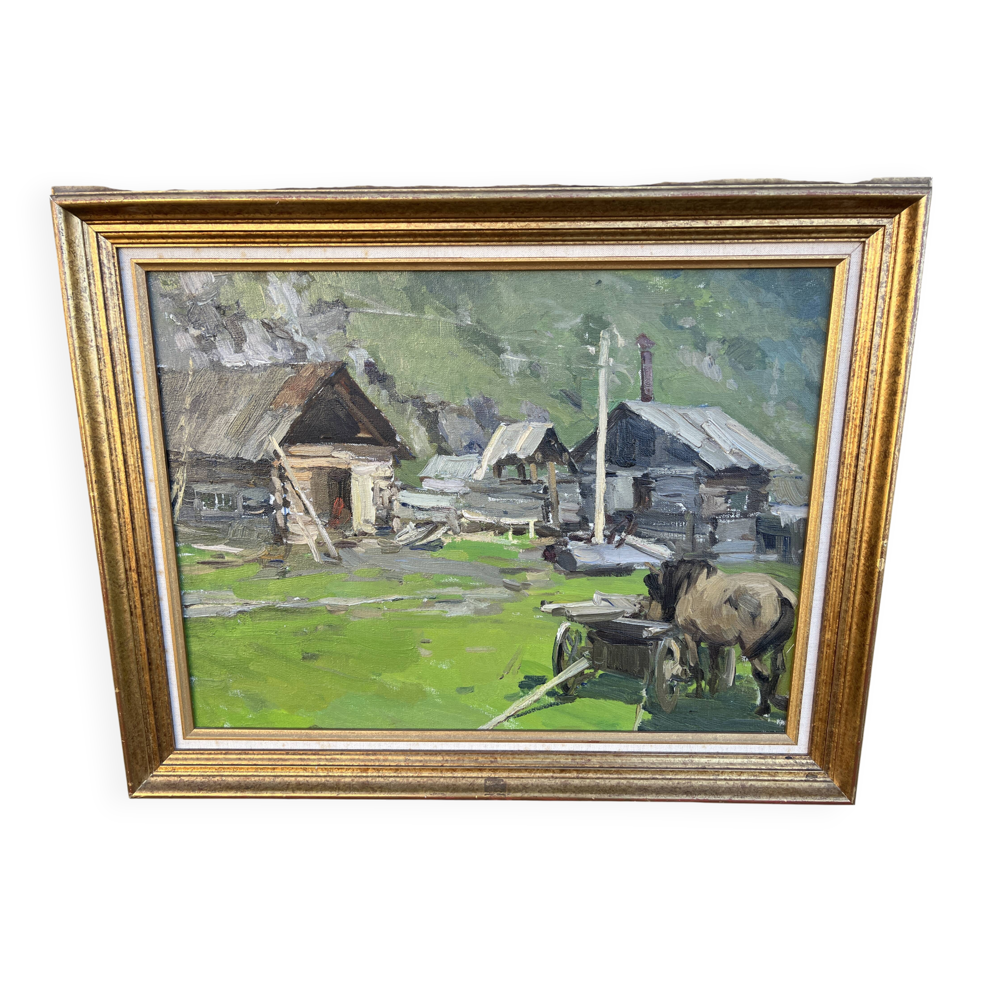 Oil-on-canvas painting The Blacksmith's Workshop 1956 signed by Fomine