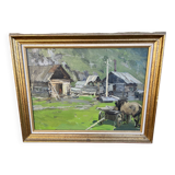 Oil-on-canvas painting The Blacksmith's Workshop 1956 signed by Fomine