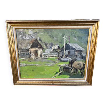 Oil-on-canvas painting The Blacksmith's Workshop 1956 signed by Fomine