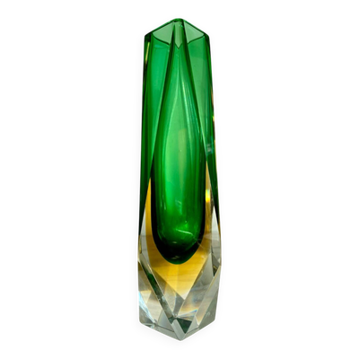 Vase sommerso Mandruzzato Murano vert et ambre, verre facetté sculptur
