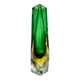 Submerged vase Mandruzzato Murano green and amber, sculpted faceted glass