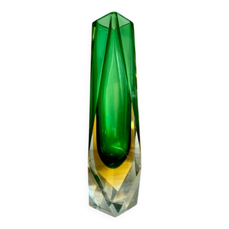 Submerged vase Mandruzzato Murano green and amber, sculpted faceted glass