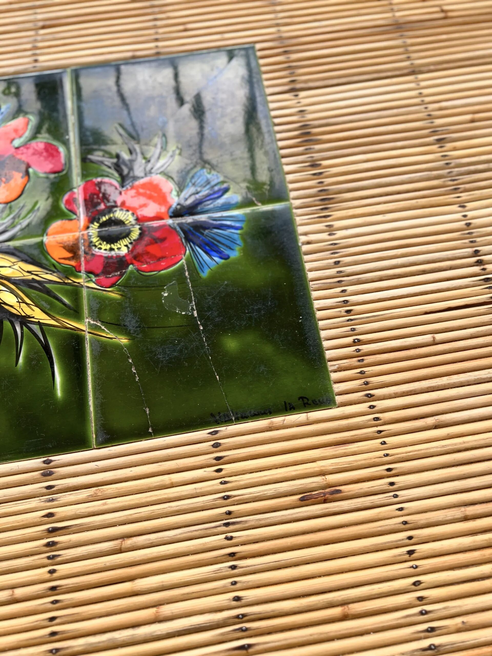 Audoux Minet bamboo rattan ceramic dining table, signed La Roue Vallauris