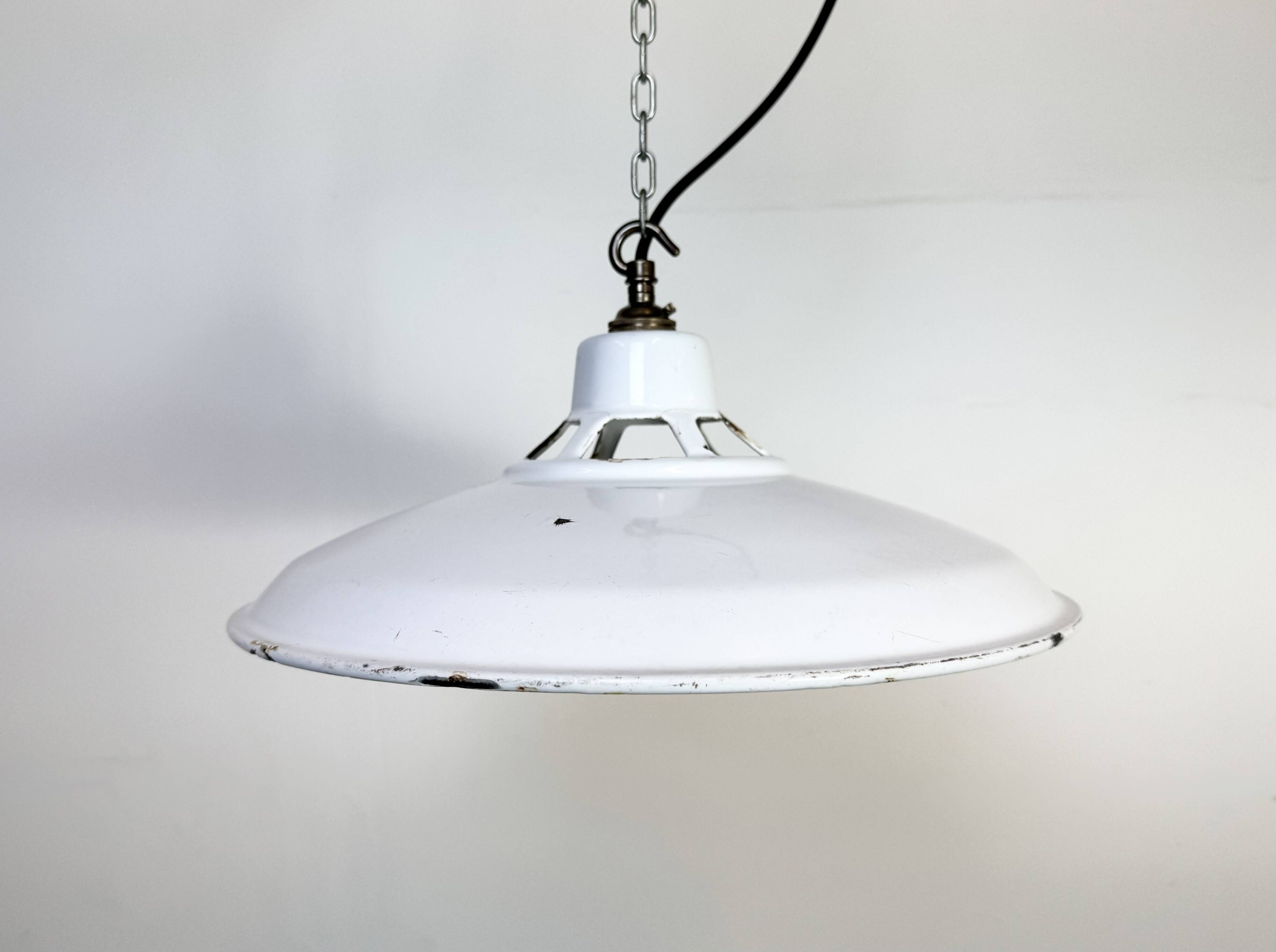 Industrial White Enamel Factory Pendant Lamp, 1960s
