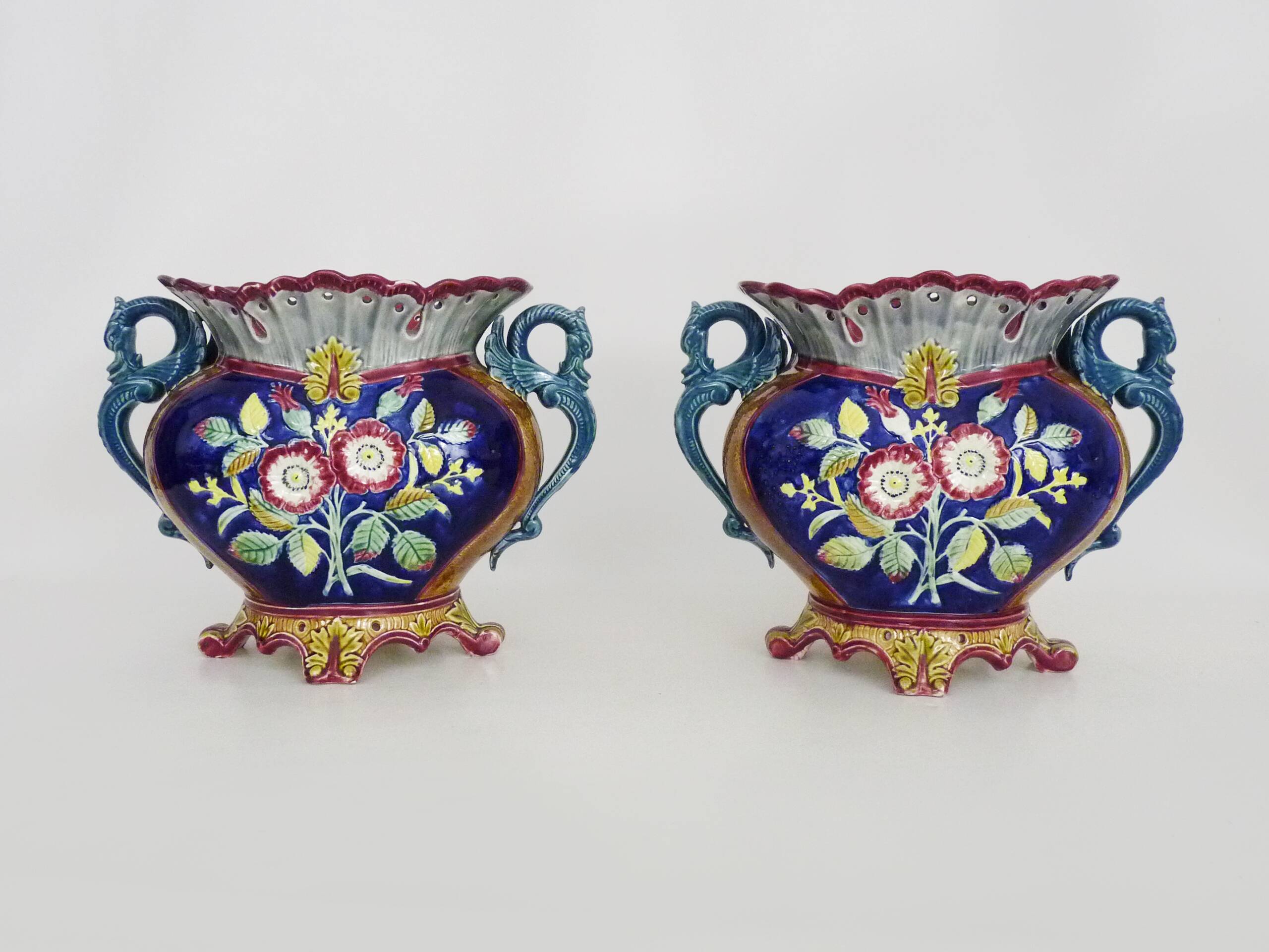 Pair of antique Art Nouveau dragon slip planters