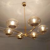 6-light chandelier by Italian designer Gaetano Sciolari gilded with fine gold and iridescent and light amber glass - 1970s - Vintage