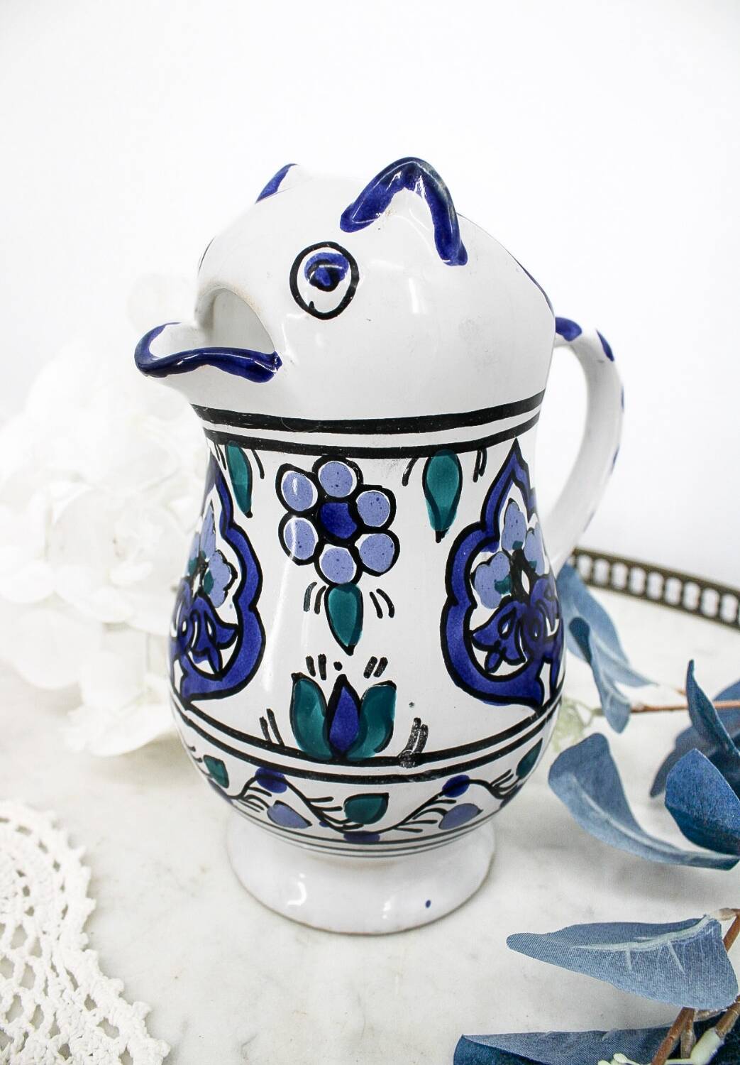 Vintage blue and green ceramic cat-shaped jug carafe