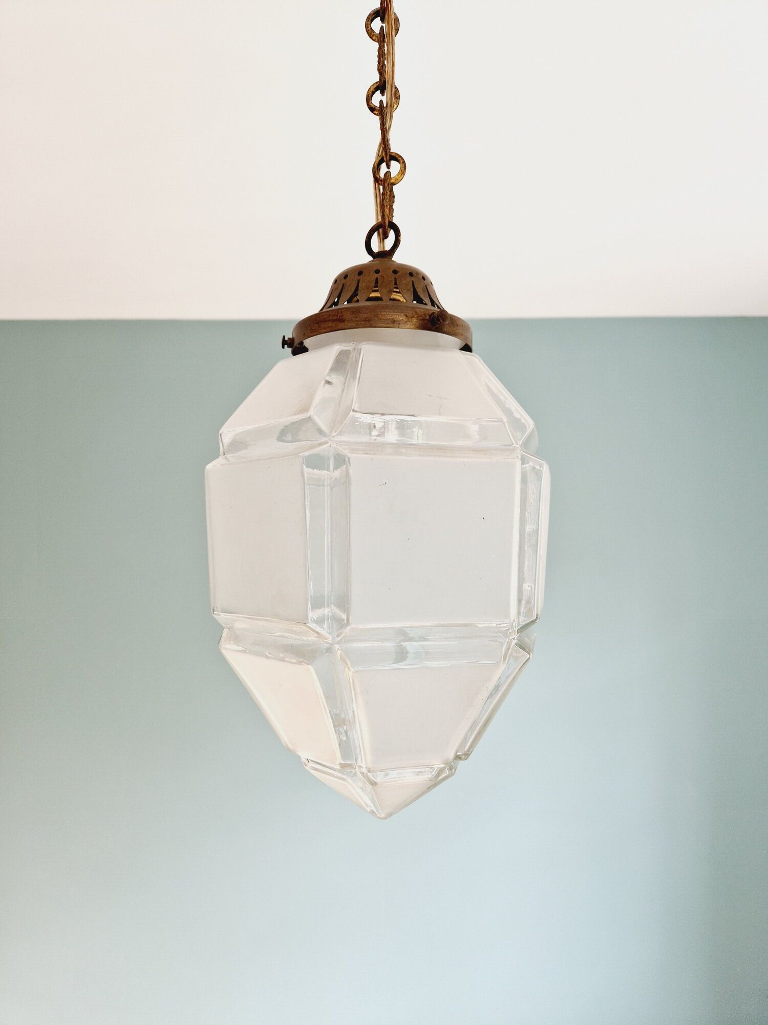 Art Deco pendant lamp in satin glass and bronze frame