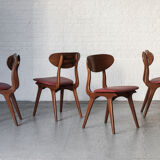 Set of 4 dining chairs in teak and burgundy by Louis van Teeffelen, The Netherlands, 1960’s