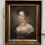 Huile sur toile, portrait de femme Empire, début XIXe, cadre à palmettes