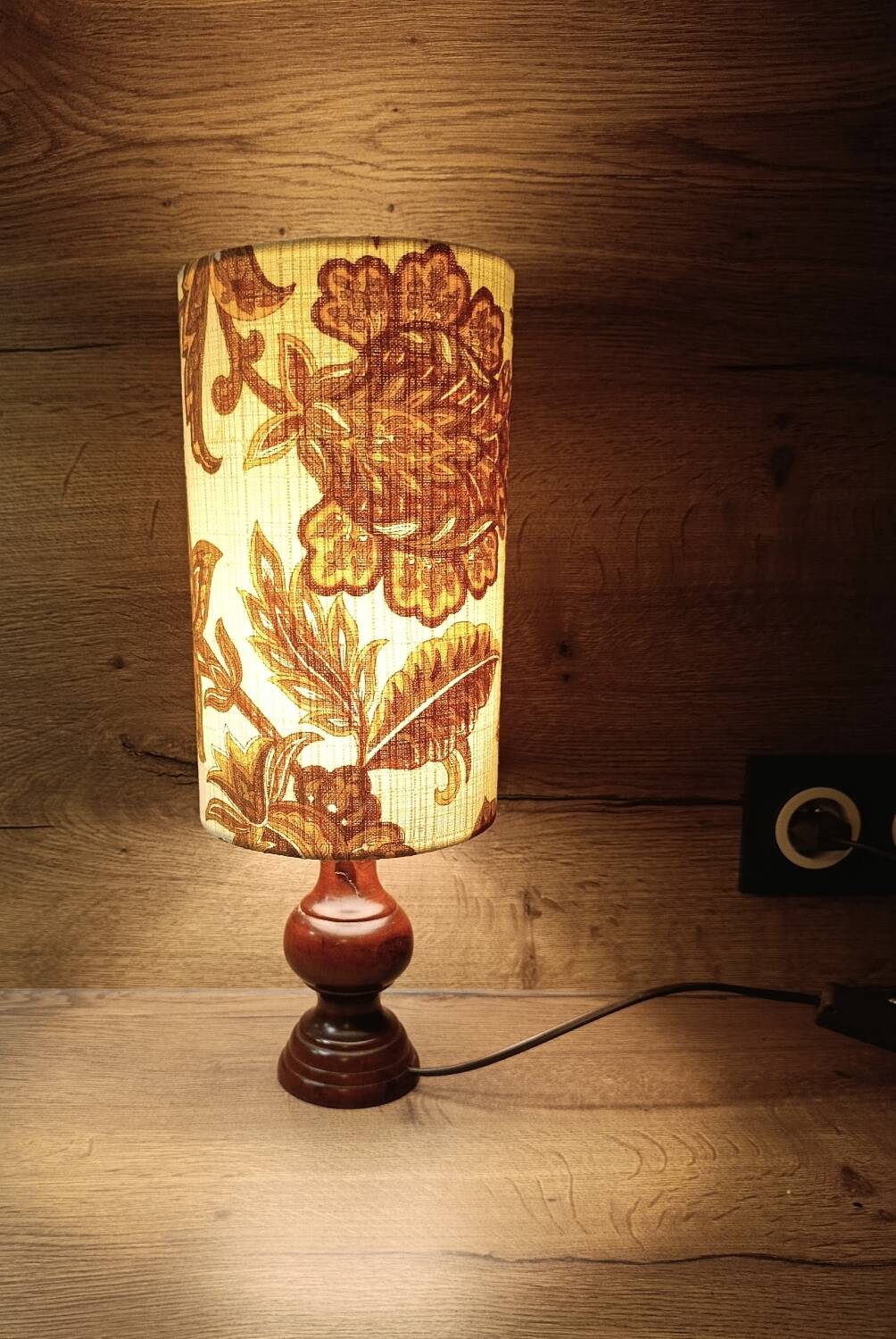 Turned wood lamp with authentic vintage lampshade and mustard flower decoration