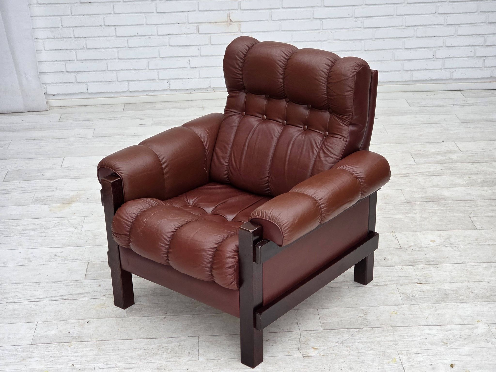 1970s, Scandinavian armchair, furniture leather, dark beech wood.