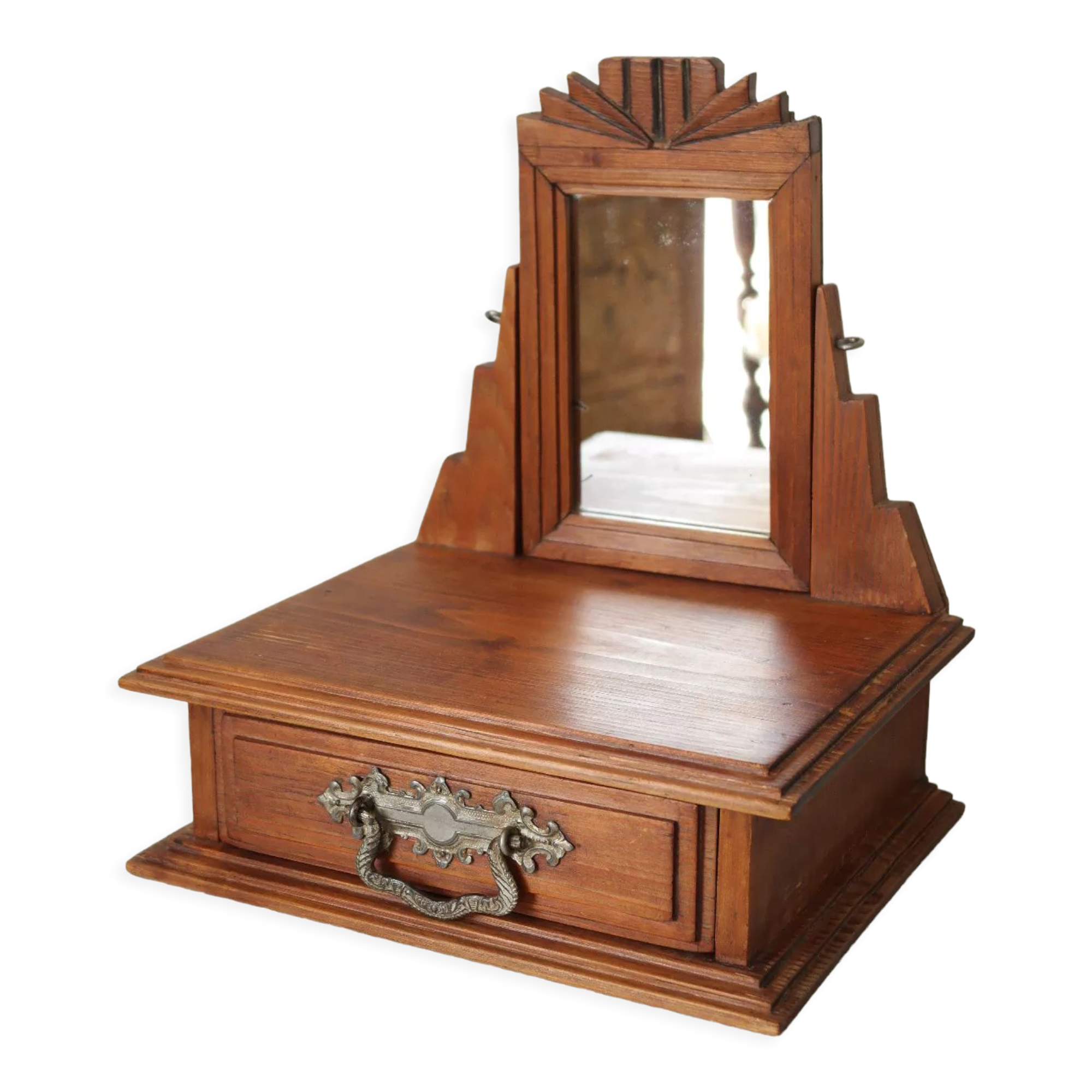 Antique wooden table mirror in Art Deco style.