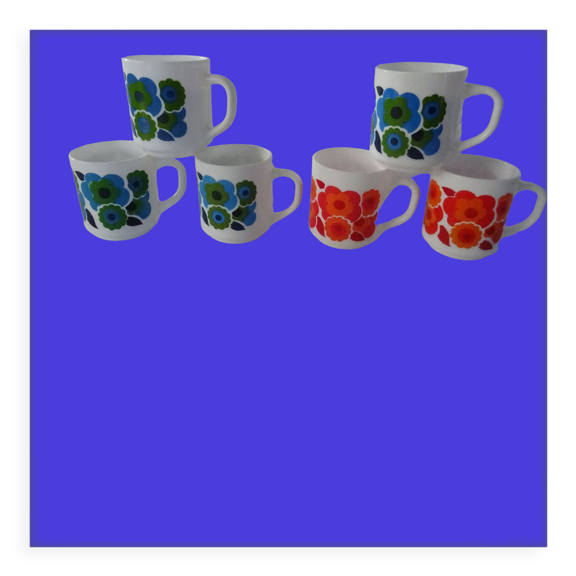 6 MUGS vintage flowers LOTUS 562112 Arcopal FRANCE orange blue