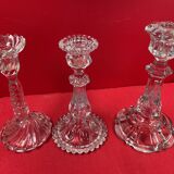 Set of 3 different candle holders, molded glass, very trendy 20 to 22 cm
