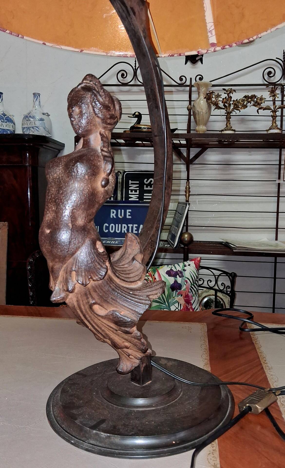 Large Art Nouveau Lamp with Female Figure in Patinated Cast Iron Early 20th Century