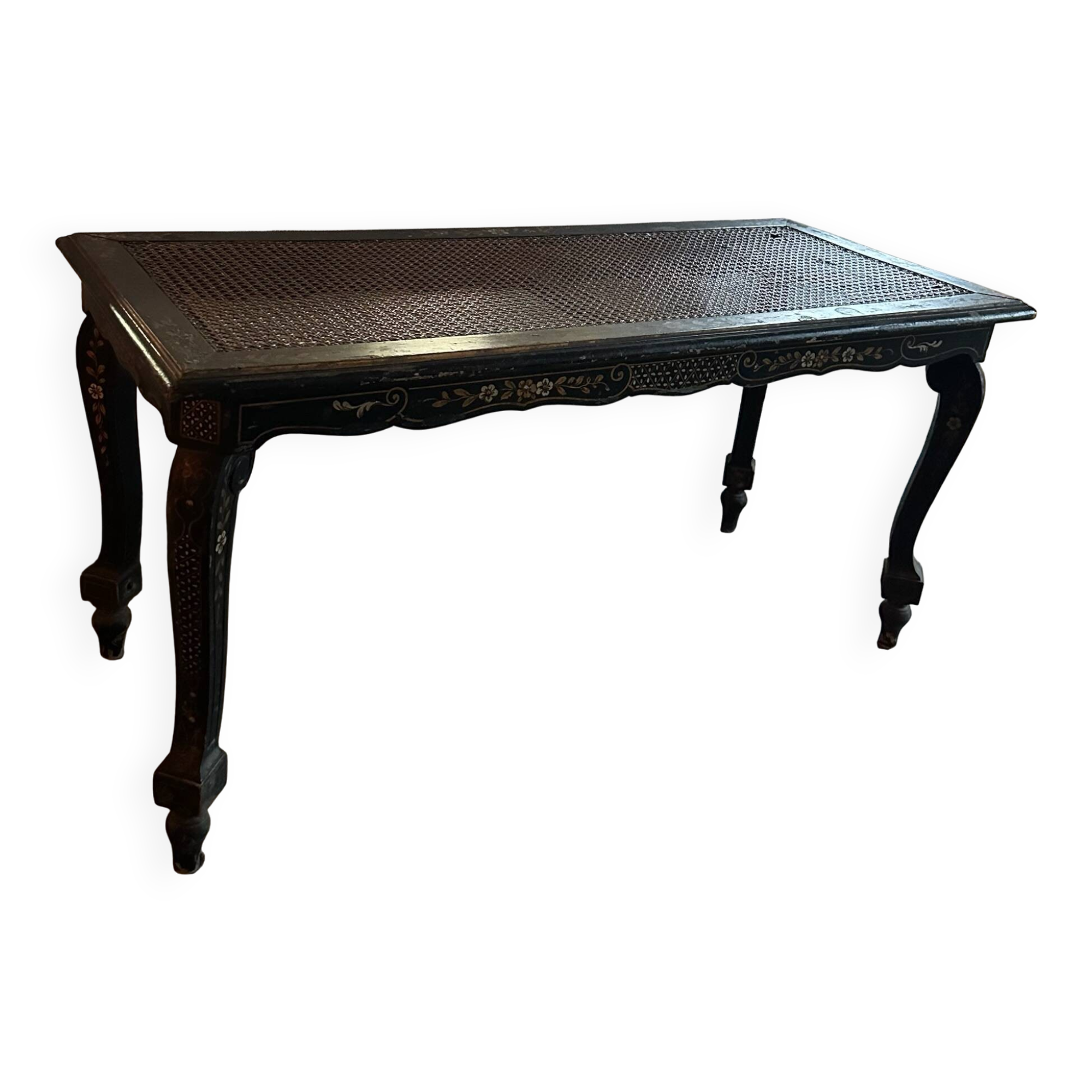 Antique black lacquered coffee table with caning – painted decoration – late 19th century