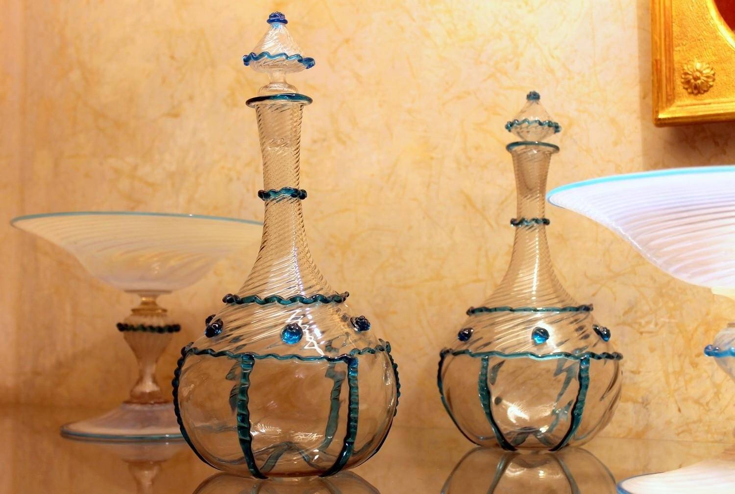 18th Century Italian Murano Clear Glass and Blue Trimmed Blown Glass Bottle
