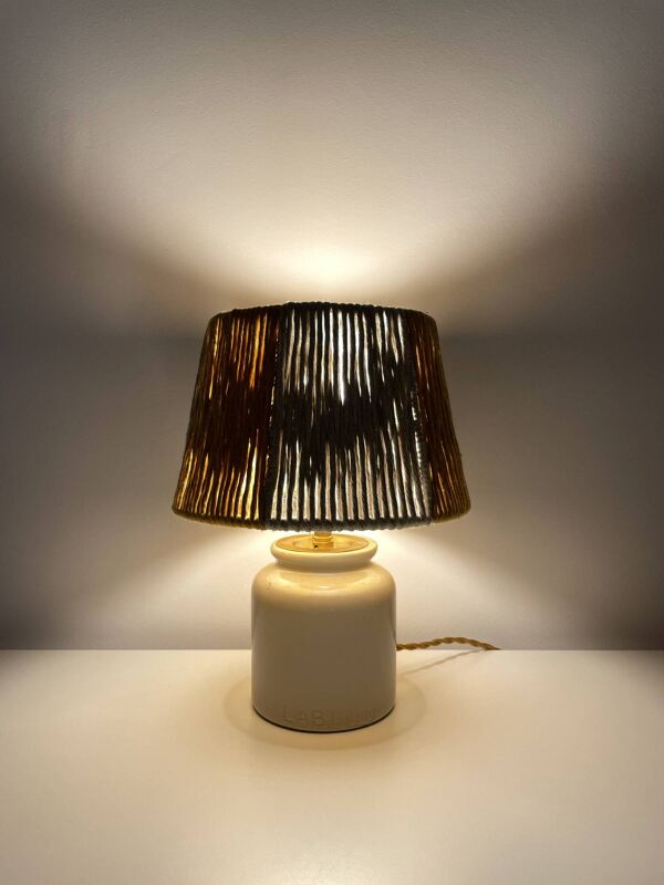 Lampe vintage en céramique ancien pot à moutarde et abat-jour en coton bico