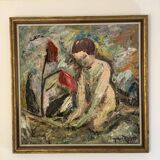 Peinture à l'huile sur panneau suédoise « Femmes abstraites et fleurs », milieu XXème