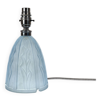 1930s French Art Deco Seaweed-Pattern Blue Glass Table Lamp