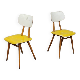 Pair of yellow and white TON Bystrice Thonet wooden chairs