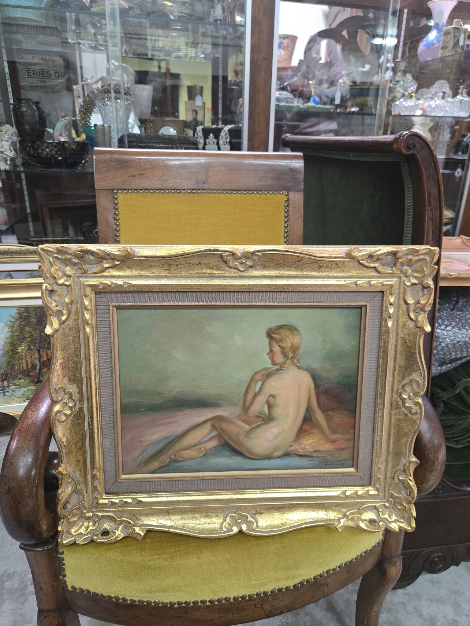 A Boyer: Oil on panel depicting a seated female nude from behind.