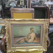 A Boyer: Oil on panel depicting a seated female nude from behind.