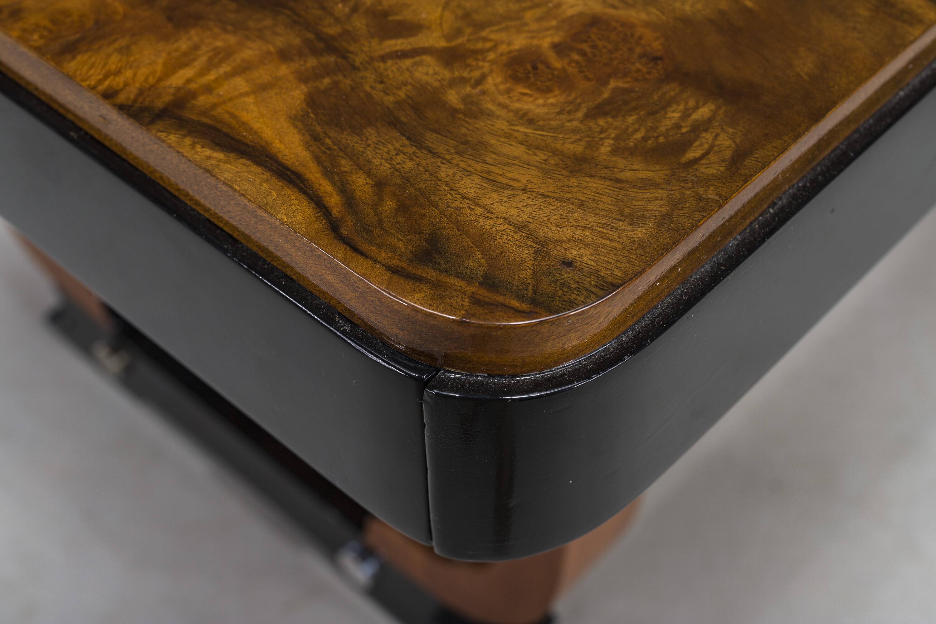 Art Deco French Walnut & Burl Dining Set, 1930s, Set of 7