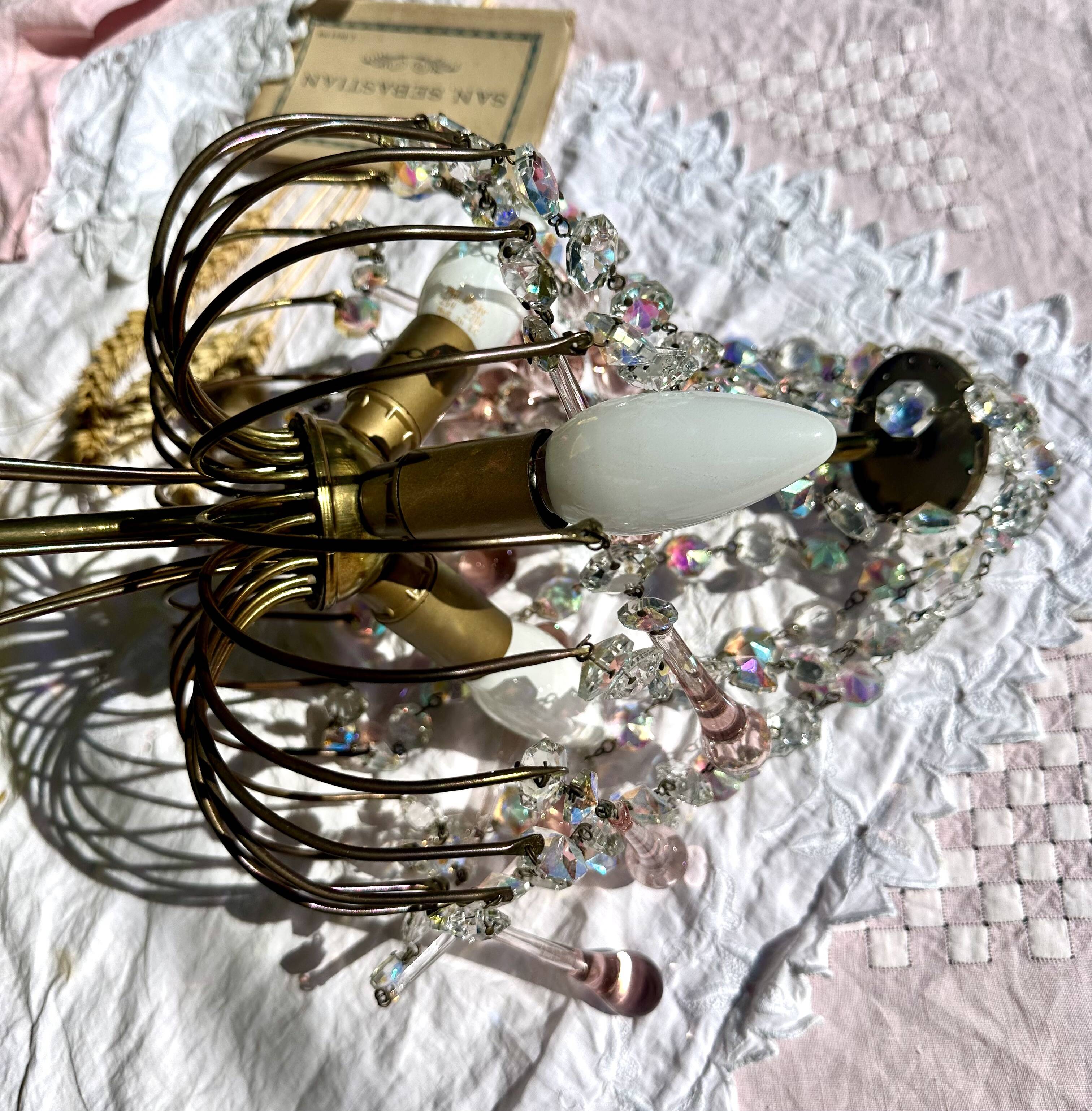 Magnificent Cascade Chandelier in Brass & Crystal Glass 1970s Vintage