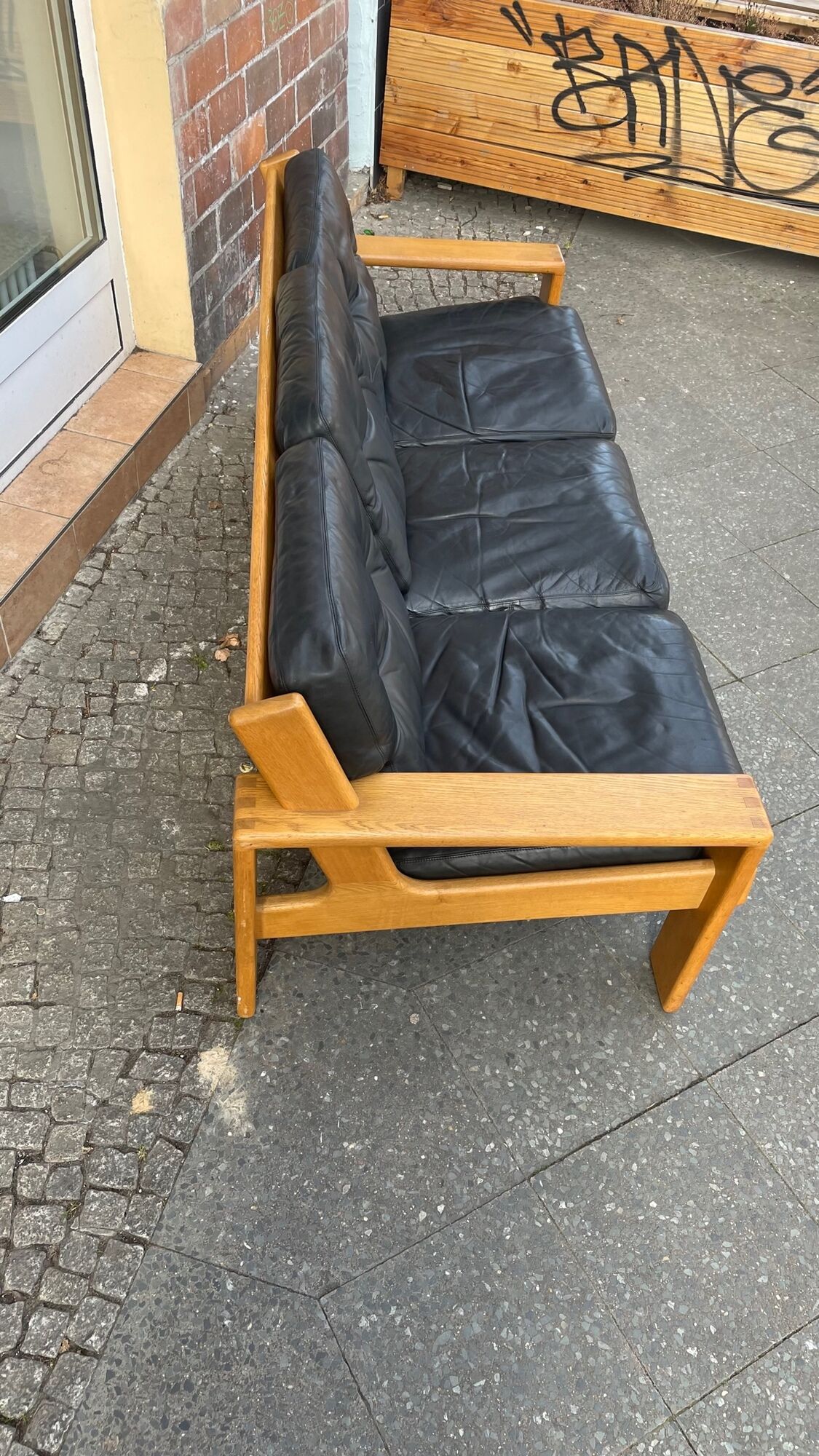 3-seater sofa in oak and leather design Eesko Pajamies for Asko model Bonanza 1970